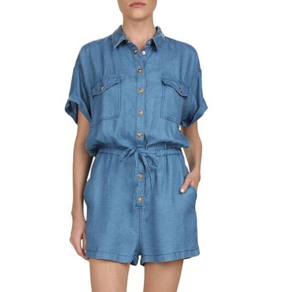 Kooples Romper Womens Medium Blue Short Drawstring Waist Chambray Jumpsuit (2) - Picture 1 of 10